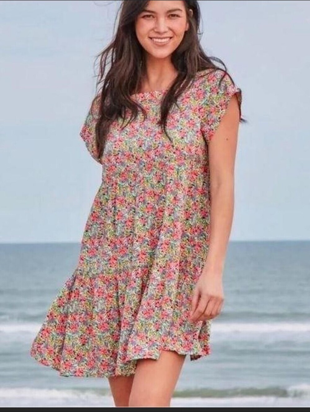 NWOT Natural Life Berkley Short Tiered Mini Dress Ditsy Neon Floral Size Large